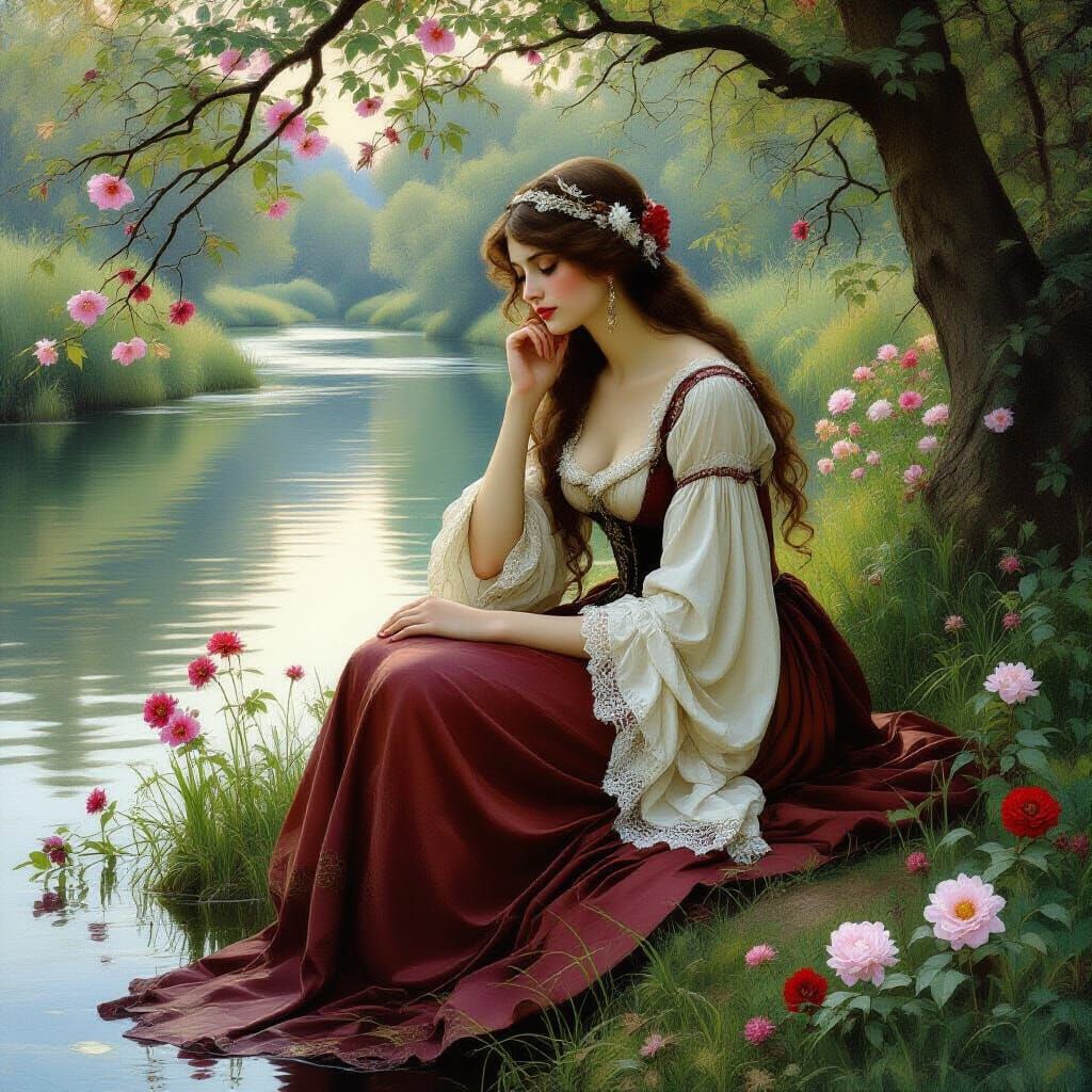 Maiden by River in Pre-Raphaelite Style