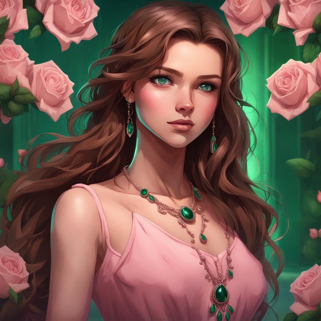 Cute Girl with Rose Necklace, Detailed Digital Painting
