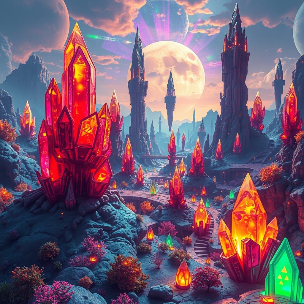 Surreal Futuristic Landscape with Crystal Structures in Neon...