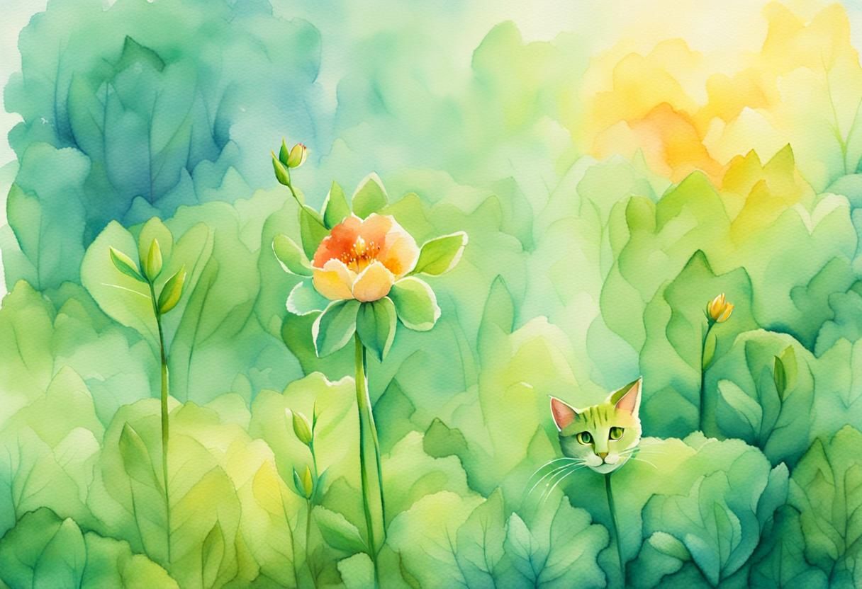Whimsical Green Cat and Giant Flower Watercolor