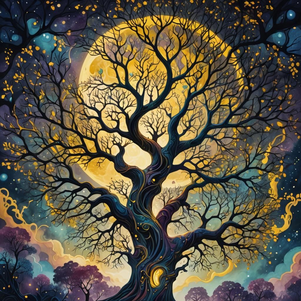 Surreal Moon Through Tree Branches, Mixed Media
