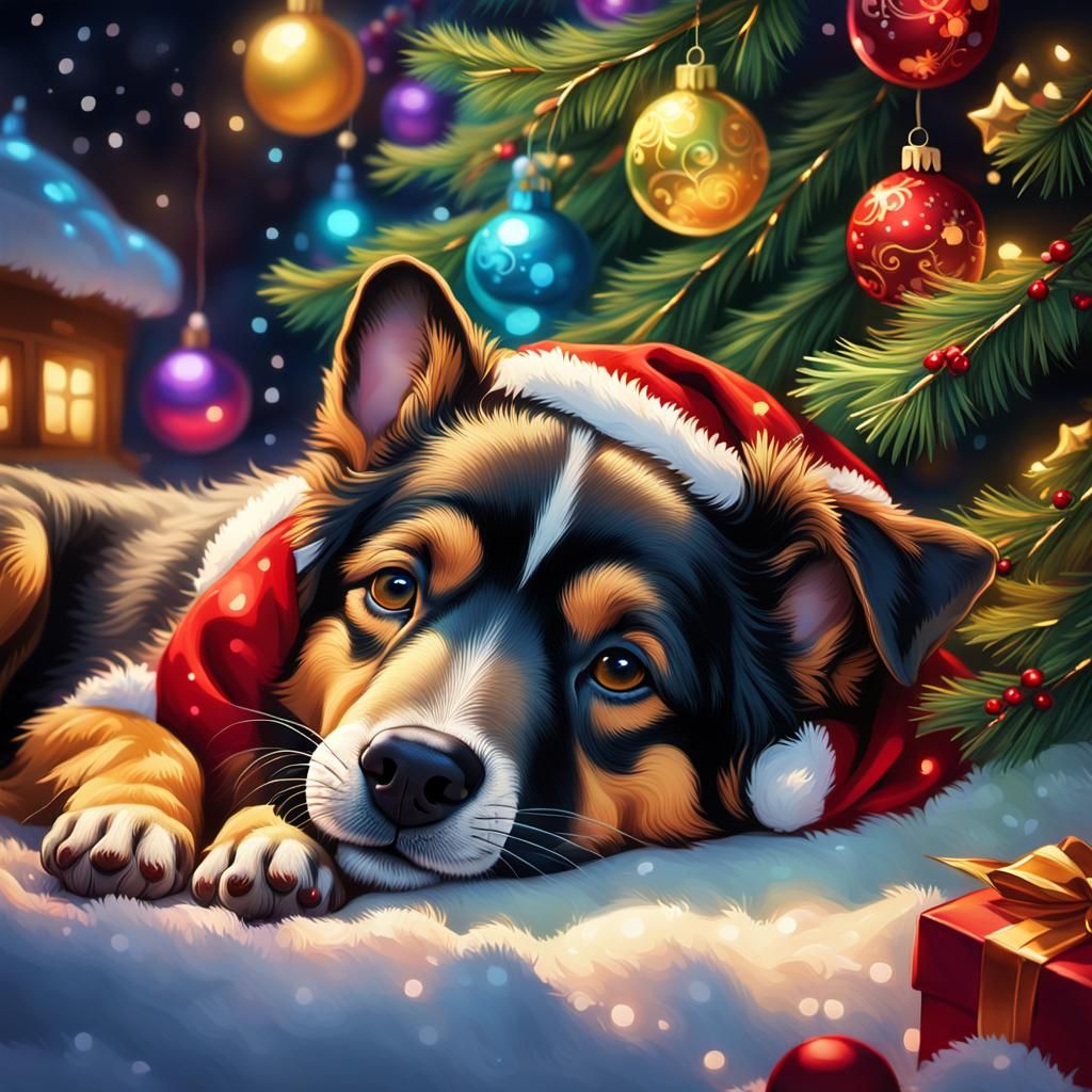 Vibrant Christmas Scene: Dog in Warm Oil Painting