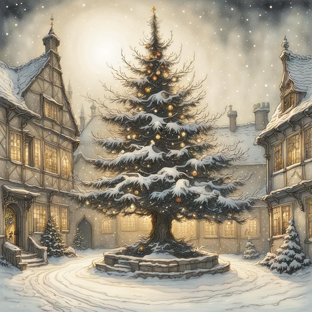 Christmas Tree in Snowy Courtyard, Rackham Style