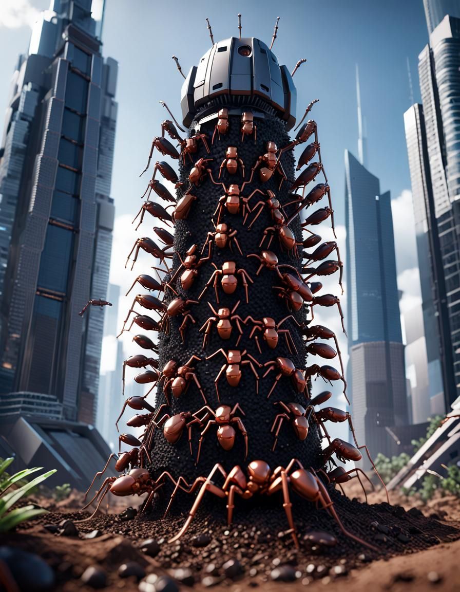 Robot Ants Build Skyscraper Anthill: Sci-Fi Render