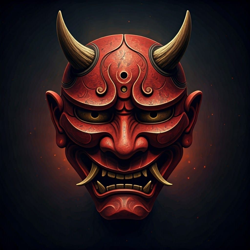 Ethereal Red Oni Mask in Dramatic Chiaroscuro