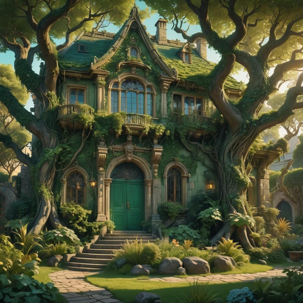Lush Garden Outside Ornate House, Fantasy Art