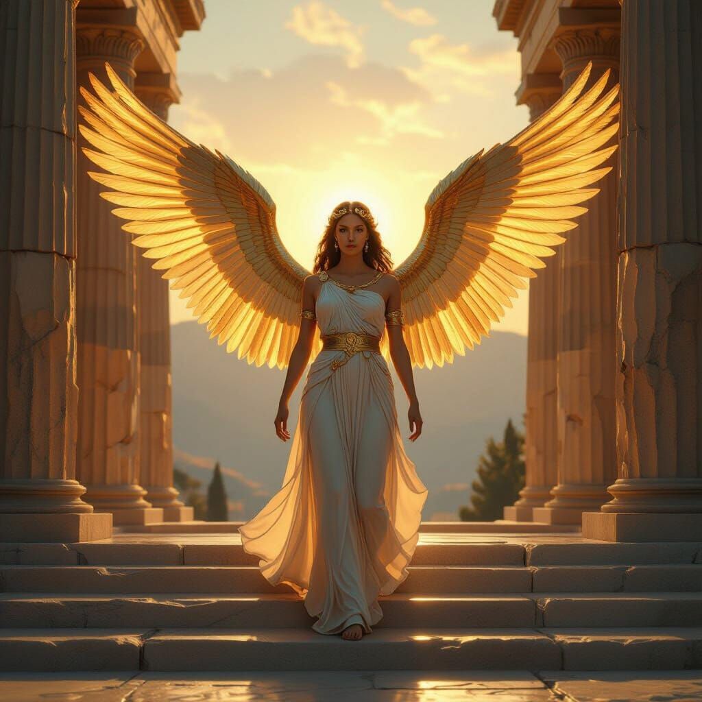 Goddess Nike Descends Delphi Steps in Golden Light