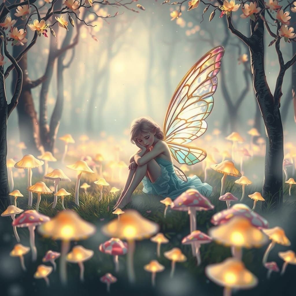 Iridescent Fairy in Glowing Mushroom Field