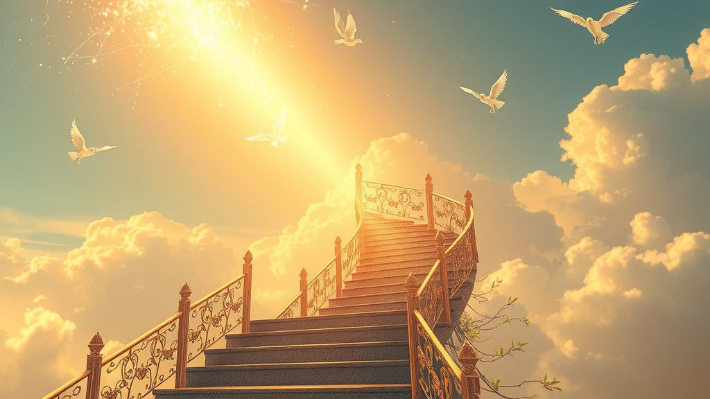 Ethereal Stairway to Heaven with Mythical Guardians
