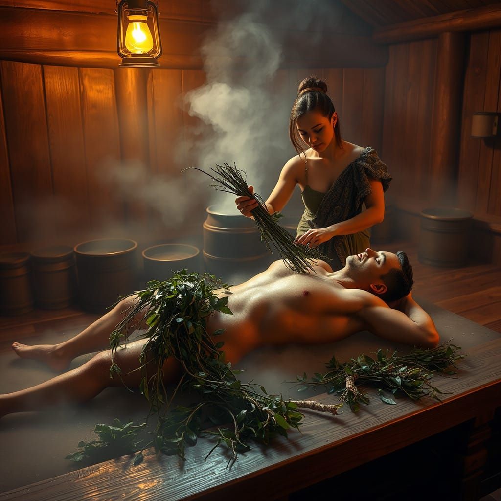 Cozy Banya Scene with Traditional Steam Bath Ritual