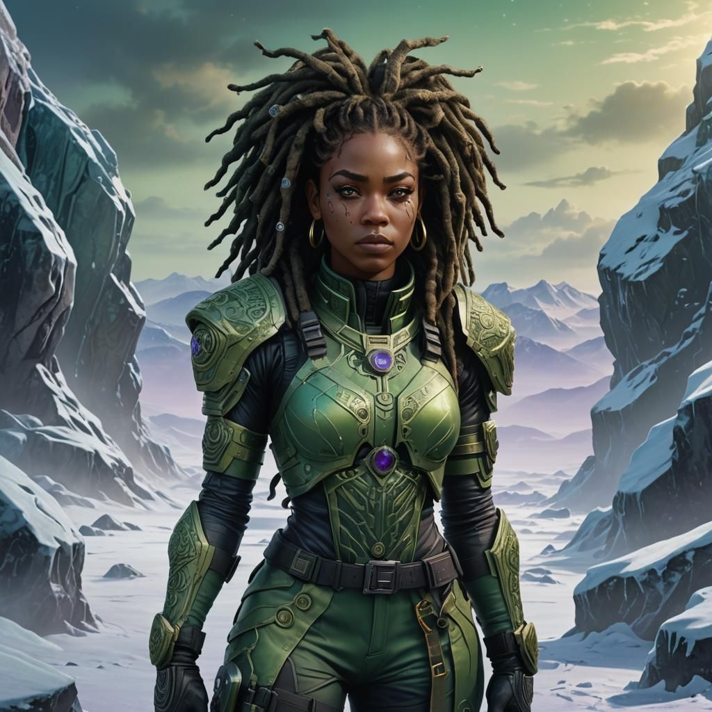 Cryokinetic Woman in Frozen Dark Fantasy Landscape