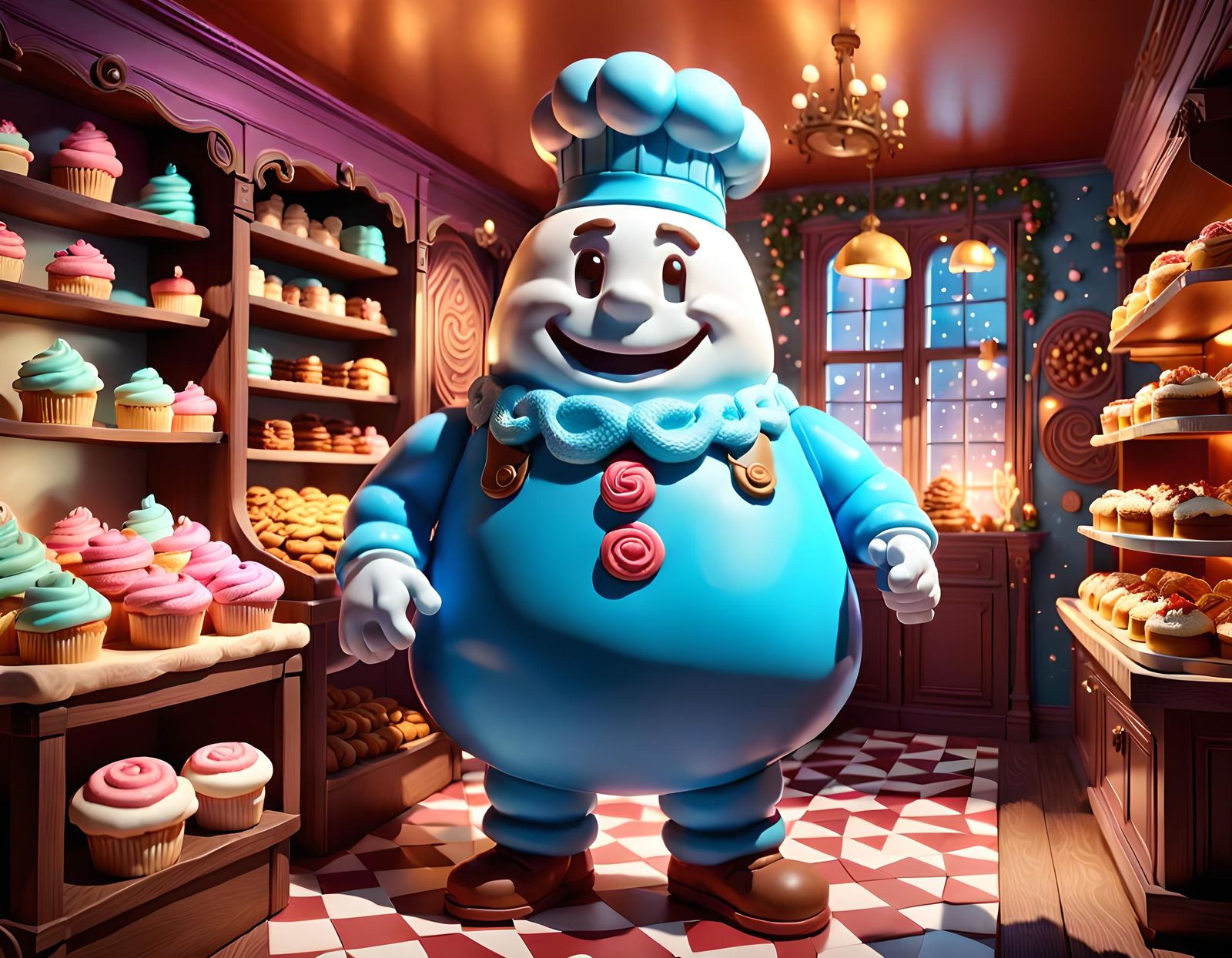 Marshmallow Man in Magical Candy Bakery: 8K Render