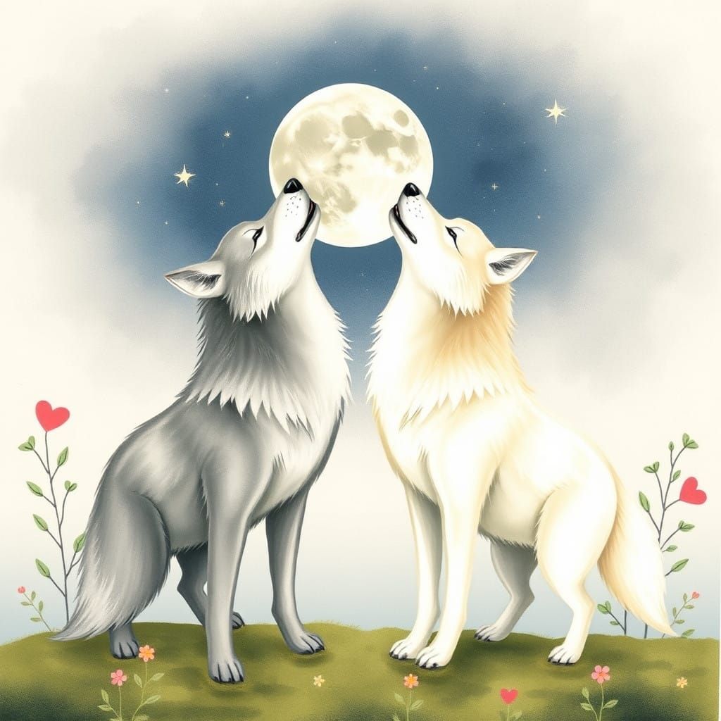 Wolves Sing in Harmony Under the Moonlit Sky, Whimsical Wate...