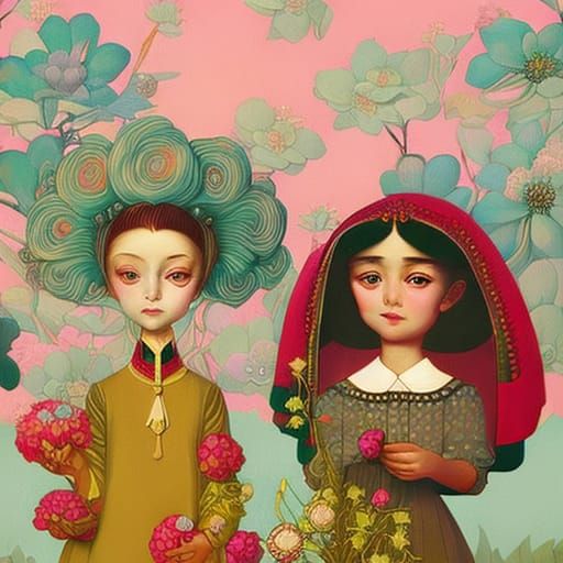 Grandmother and Granddaughter Plant Flowers: Surreal Colorfu...