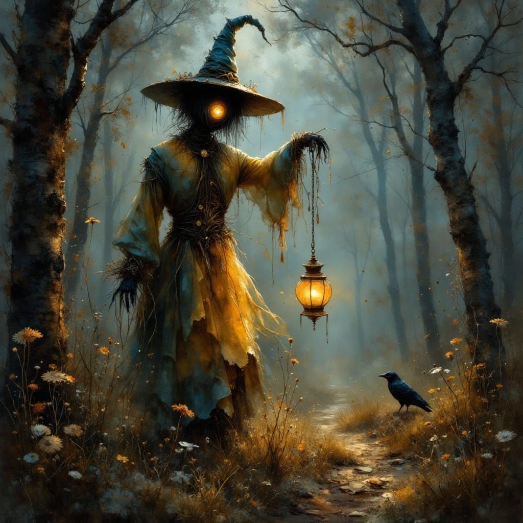 Enchanting Scarecrow with Lantern in Dark Forest