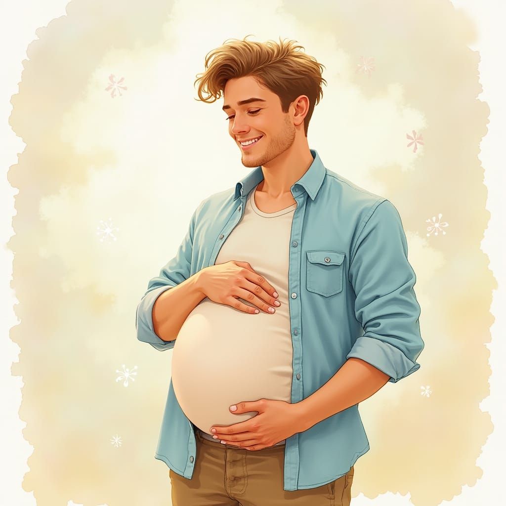Pregnant Man in Whimsical Watercolor Style