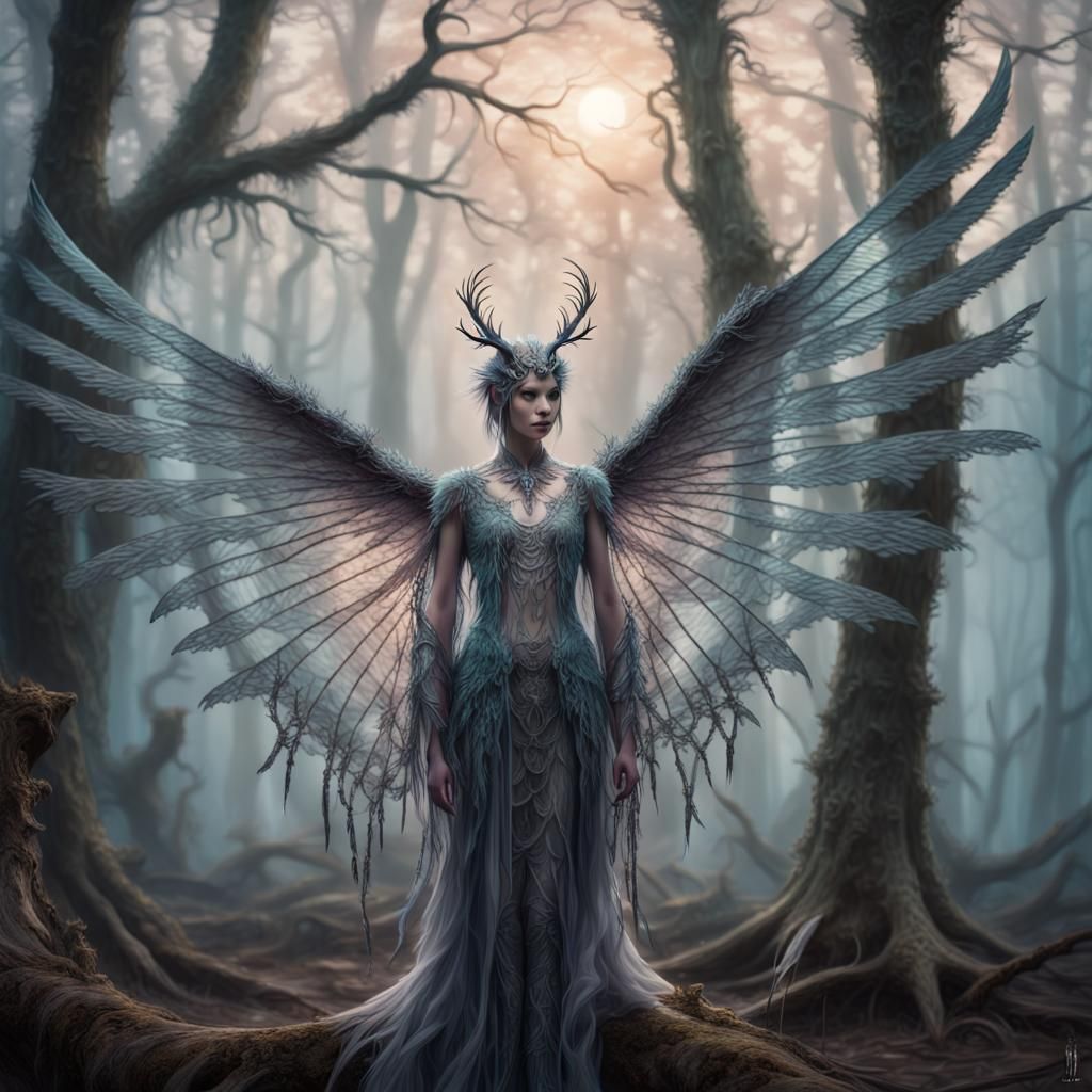 Mysterious Winged Creature in Hyperrealistic Fantasy Art