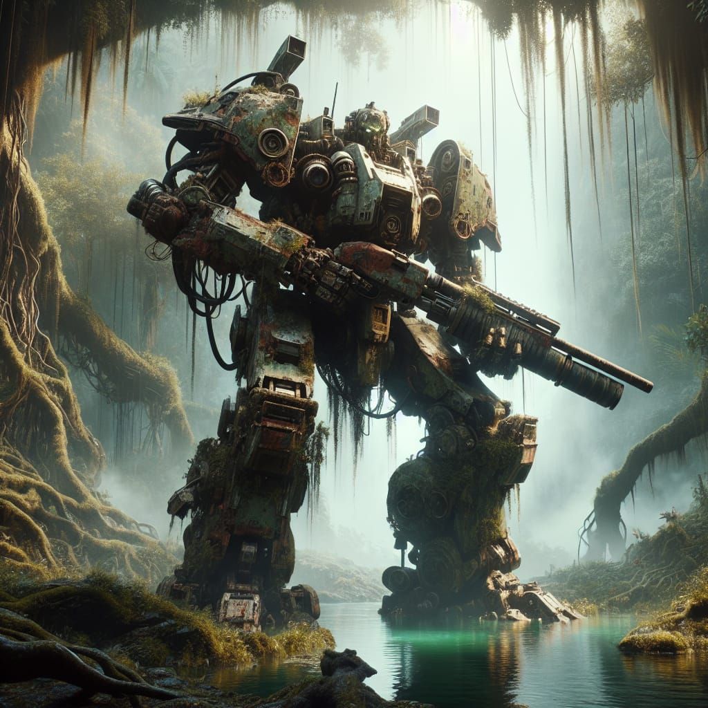 Rusty Mecha Warrior in Murky Swamp: Matte Painting