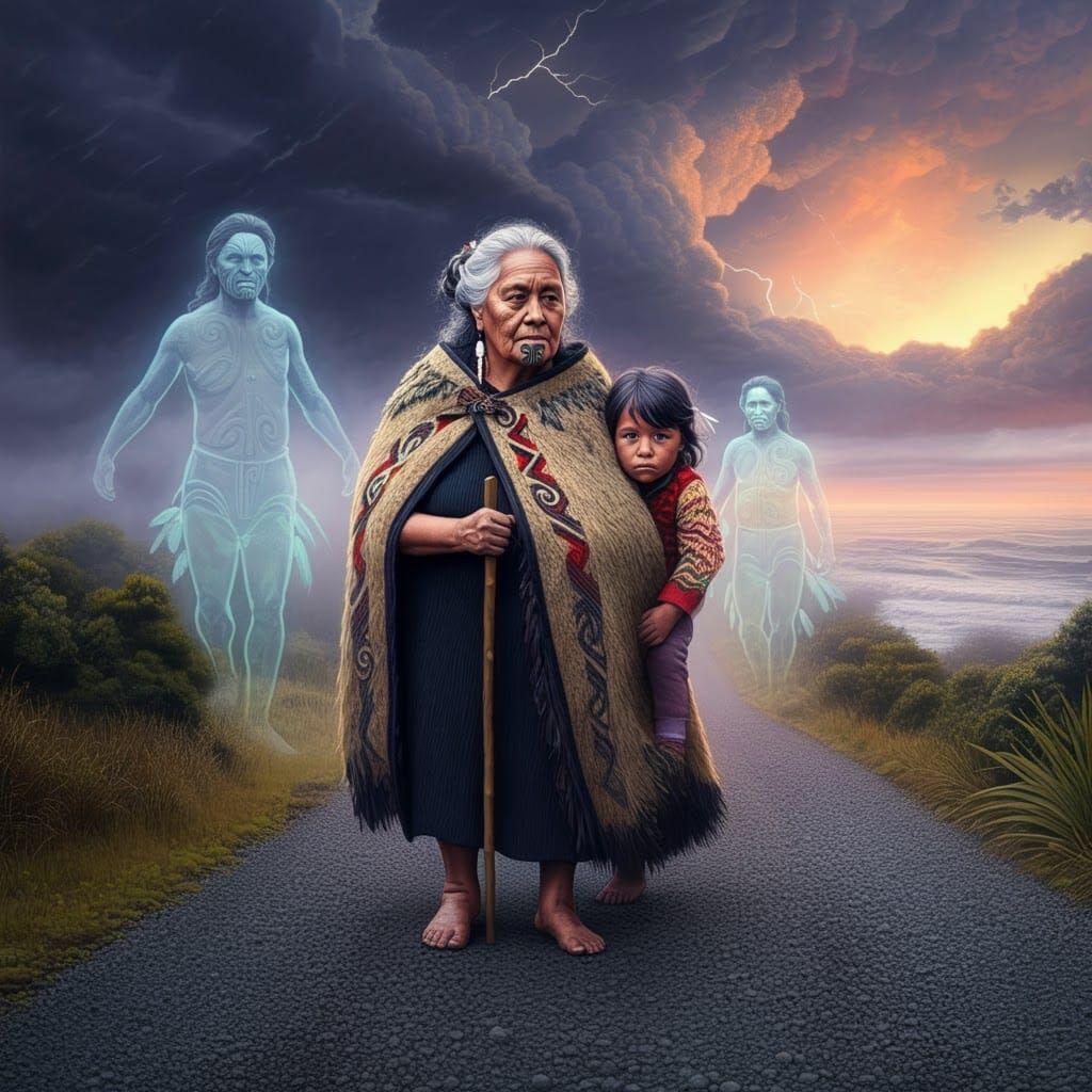 Maori Woman with Child in Dreamlike Ancestral Landscape