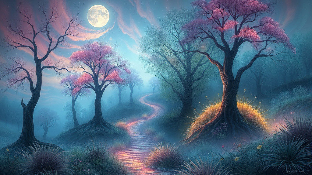 Ethereal Landscape with Glowing Trees in Surreal Style