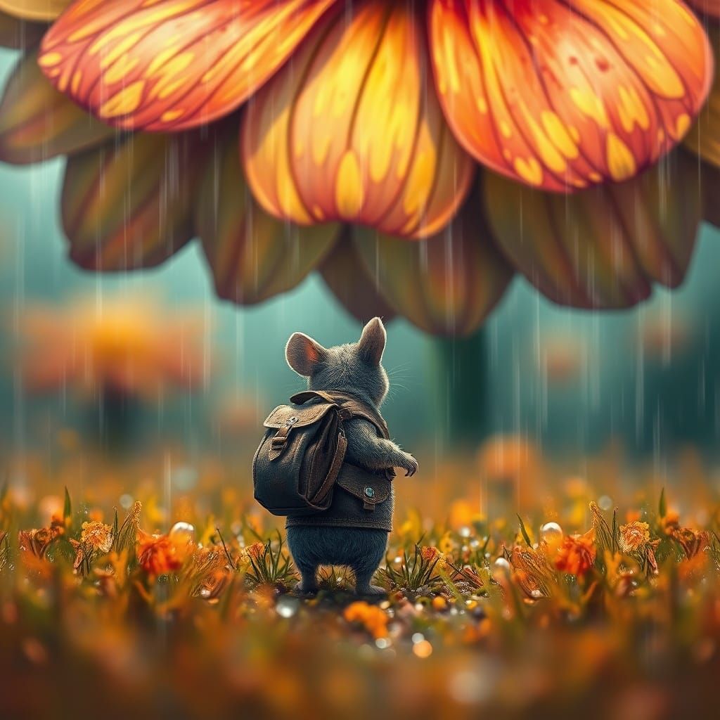 Lost Mouse Under Giant Flower in Rain