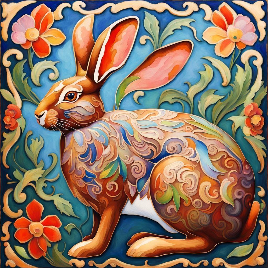 Ornate Rabbit Cloisonné in Gouache Style
