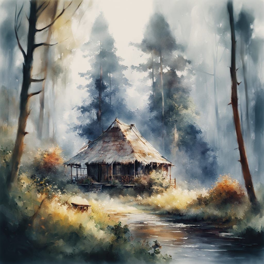 Whimsical Native Village in Forest, Watercolour Masterpiece