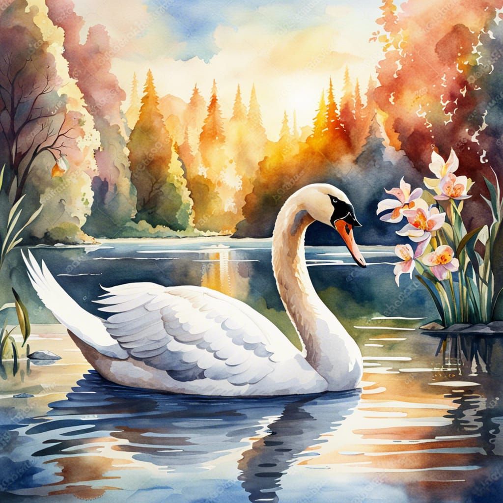 Watercolor Swan on a Sunny Lake
