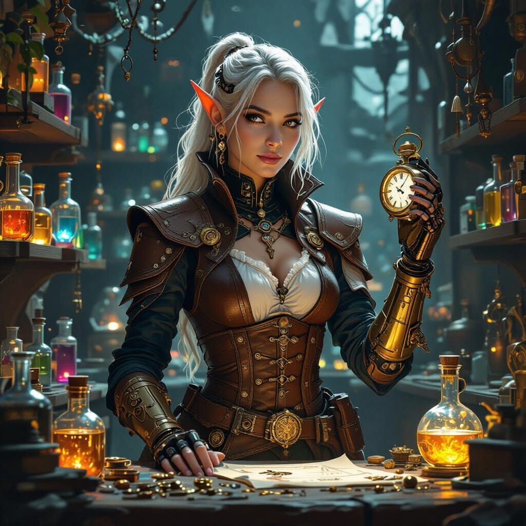 High Elf Artificer with Clockwork Arm in Laboratory