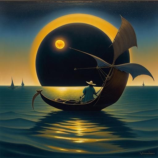 Surreal Ocean Boat Amidst Stars: Romantic Oil Painting