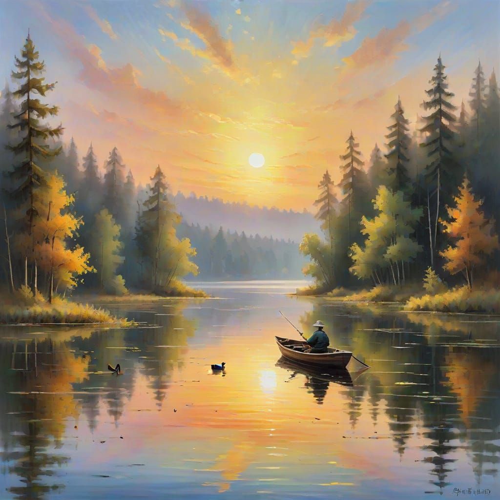 Fisherman in Boat at Sunrise, Impressionist Oil Painting
