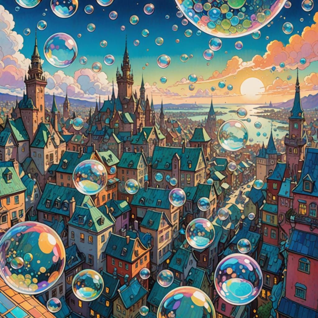 Iridescent Bubbles Over Dreamscape City in Gouache