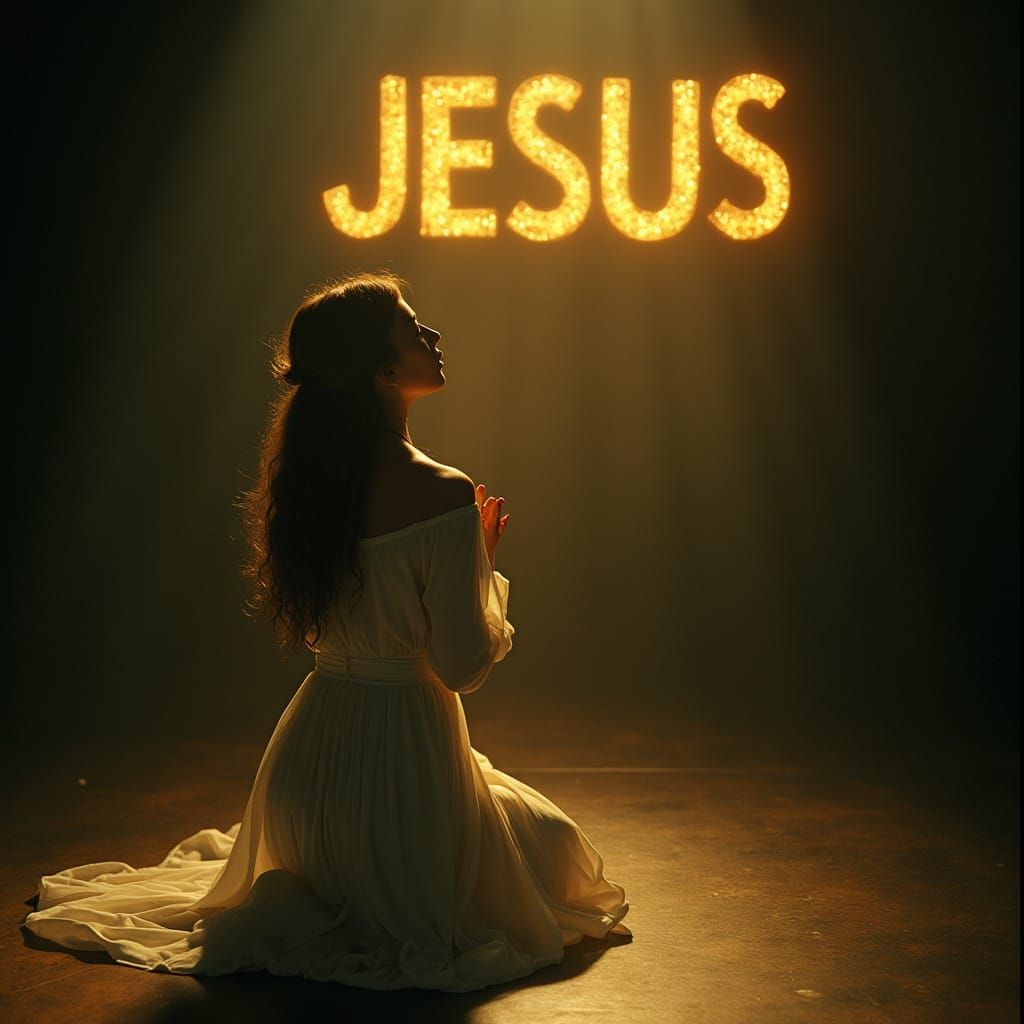Woman in Prayer Before the Name of Jesus