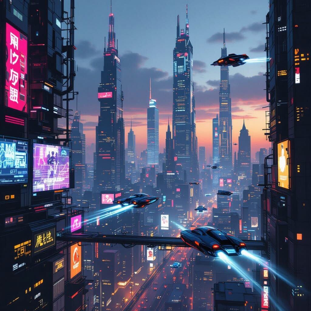 Cyberpunk Cityscape at Dusk with Neon Lights