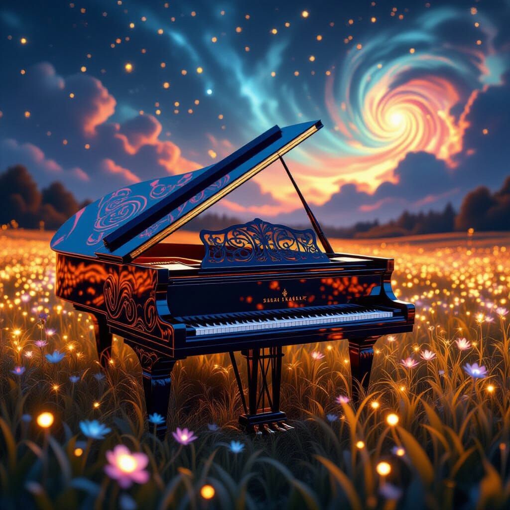 Bioluminescent Piano in a Nebula Field