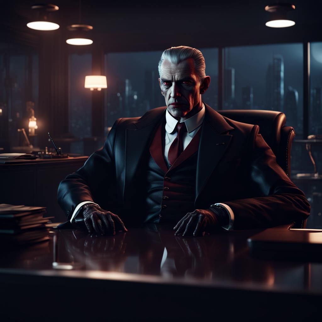 Vampire Mobster in Corporate Office: Detailed Matte Painting