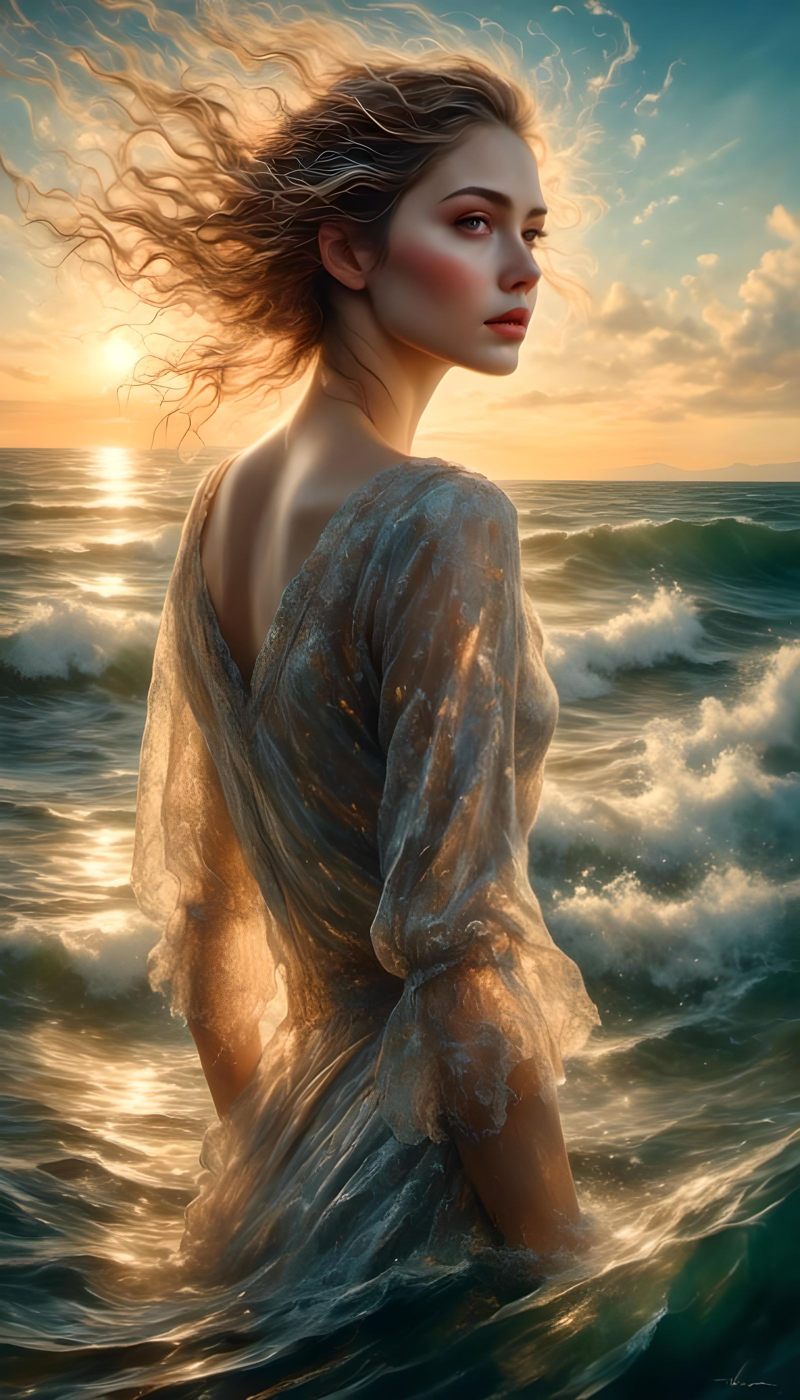 Shimmering Woman in Sea of Light: Photorealistic HDR
