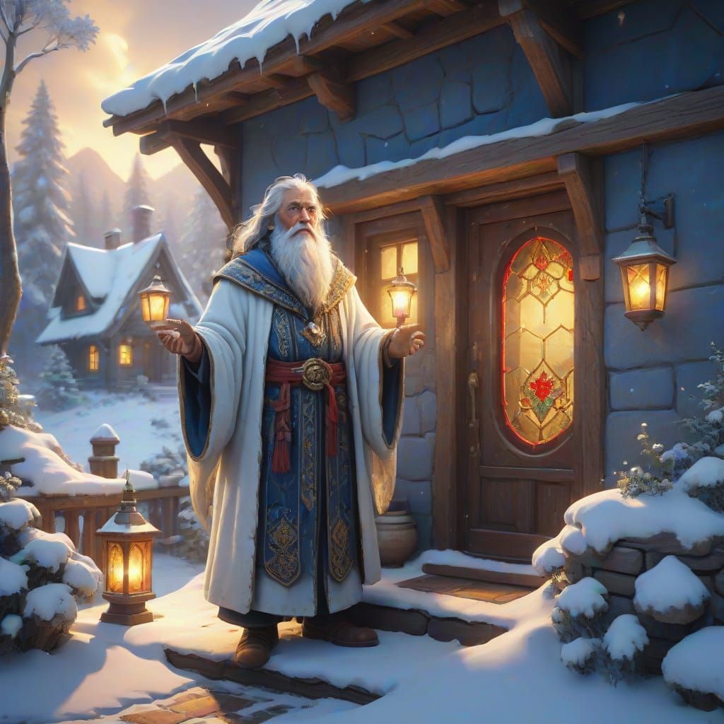 Whimsical Fantasy Wizard in Snowy Adobe Cottage