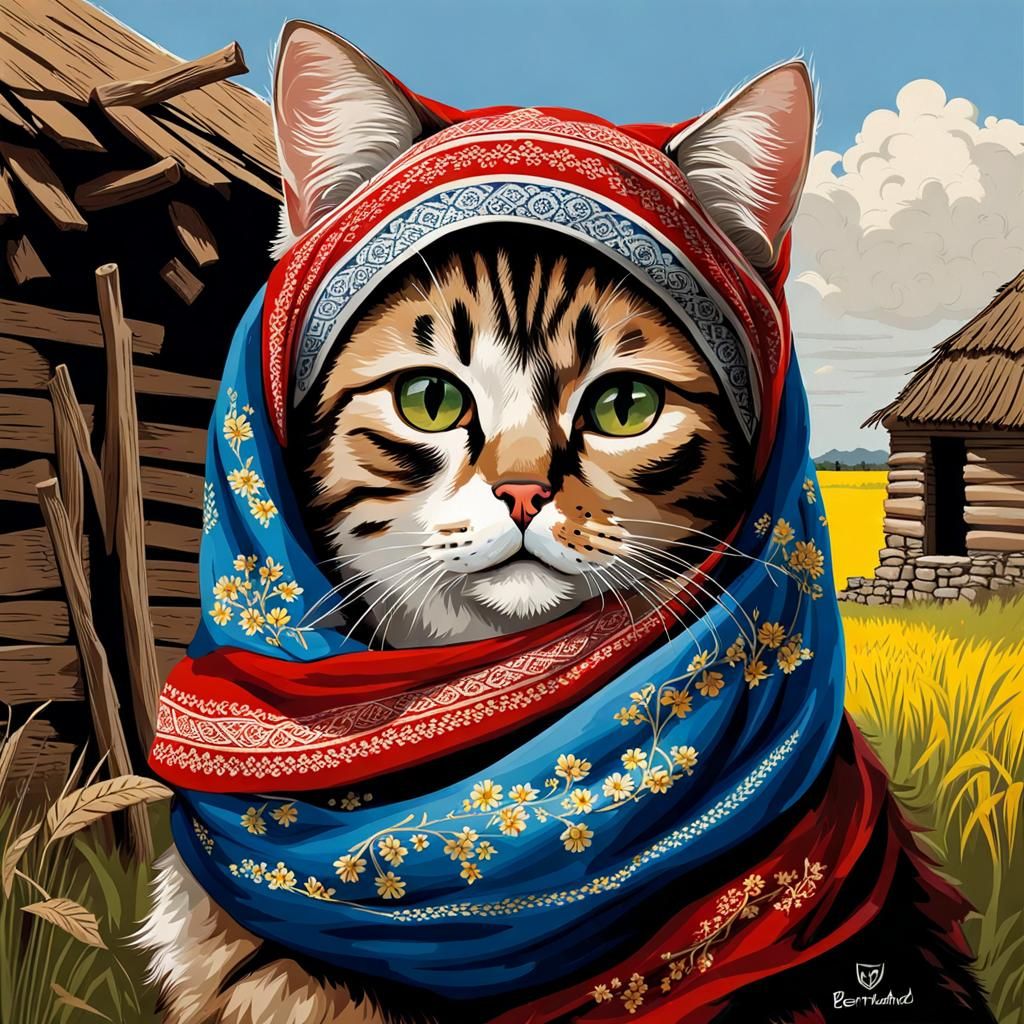 Babushka Cat in Ruined Village, Classic Painting Style