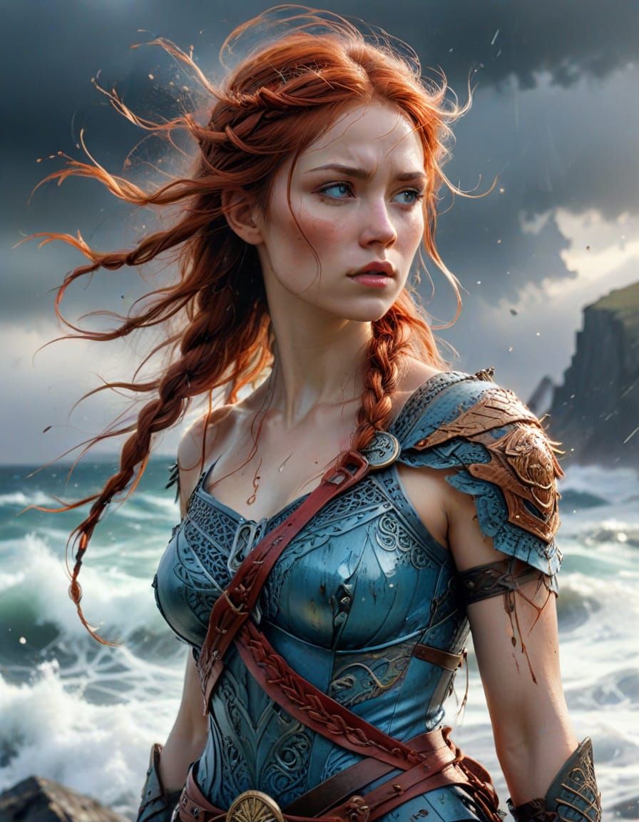 Nordic Shield Maiden in Stormy Fjord, Watercolour Style