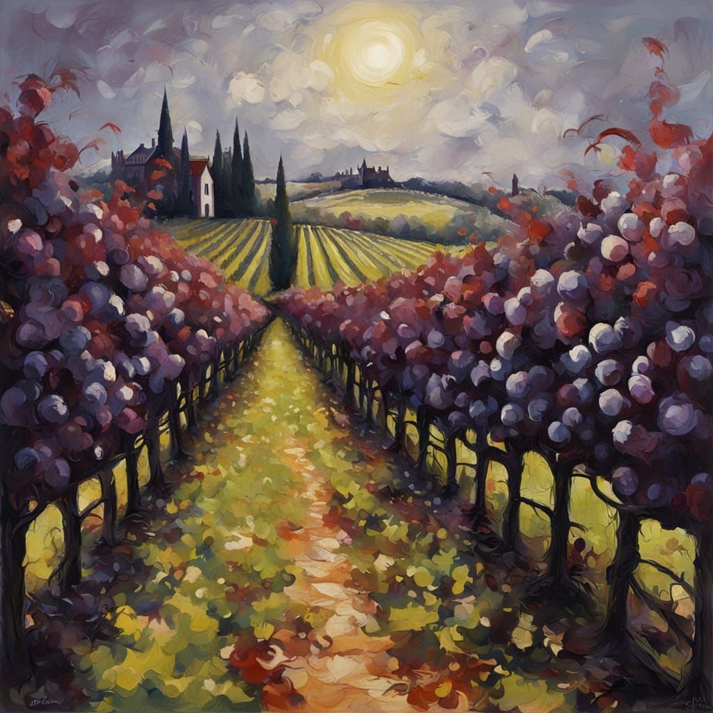 Eerie Vineyard Landscape in Expressionist Style
