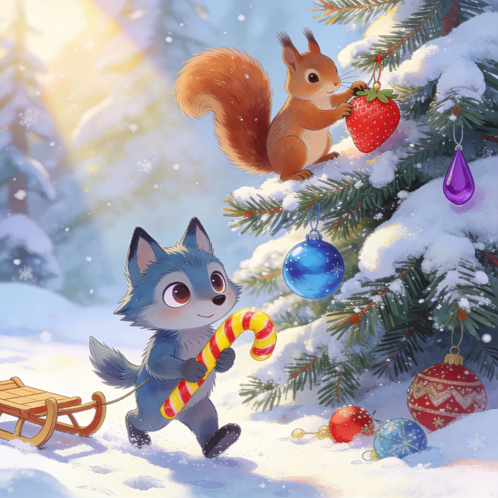 Whimsical Winter Scene: Squirrel Decorates Tree, Wolf Cub wi...