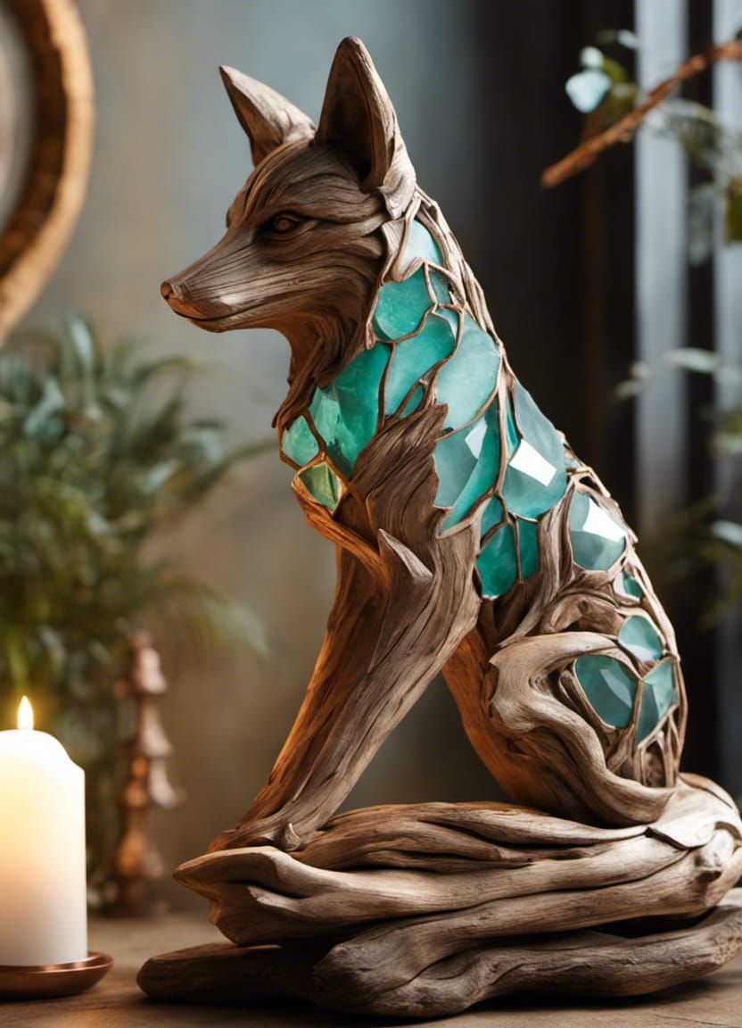 Driftwood Fox Statue with Sea Glass and Copper