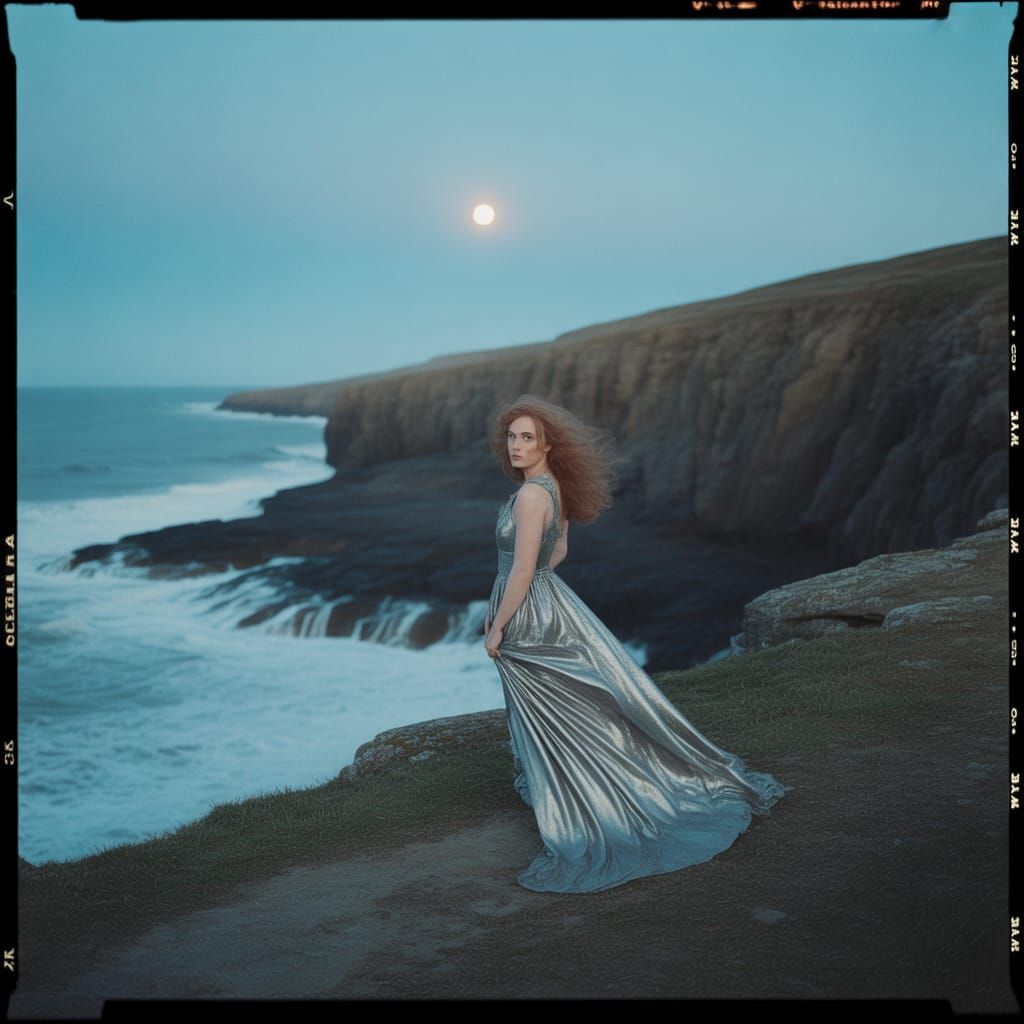Dramatic Cliffside Figure in Silver Gown