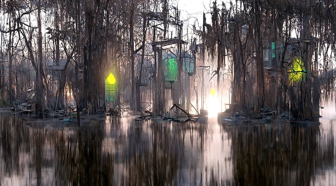 Gothic Swamp Art with Fireflies and Volumetric Lighting