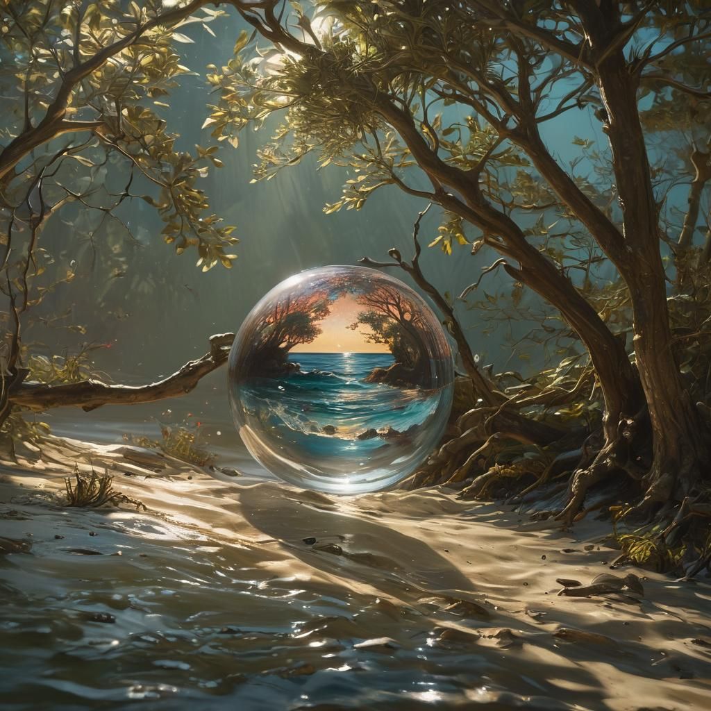 Ocean in Glass Sphere, Neo-Impressionist Oil Painting