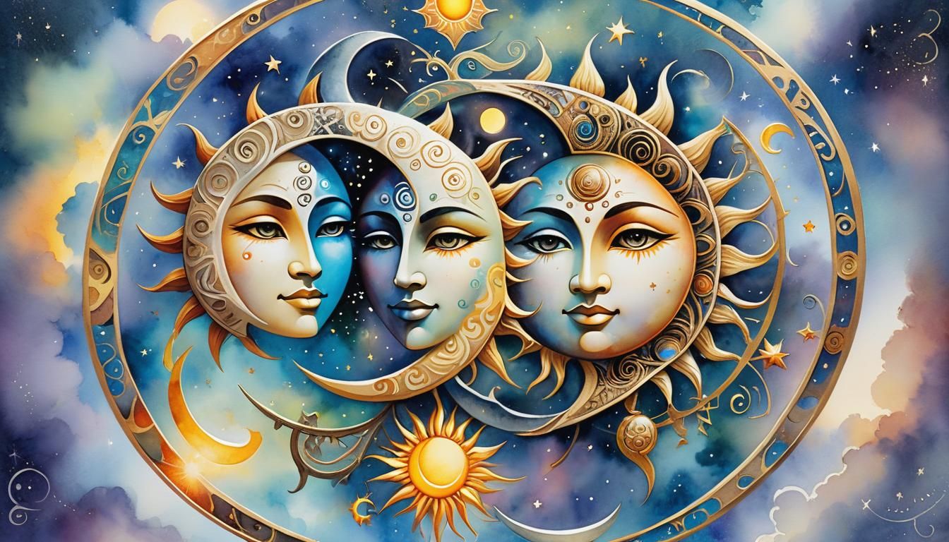 Tribal Sun and Moon Watercolor Fantasy Art