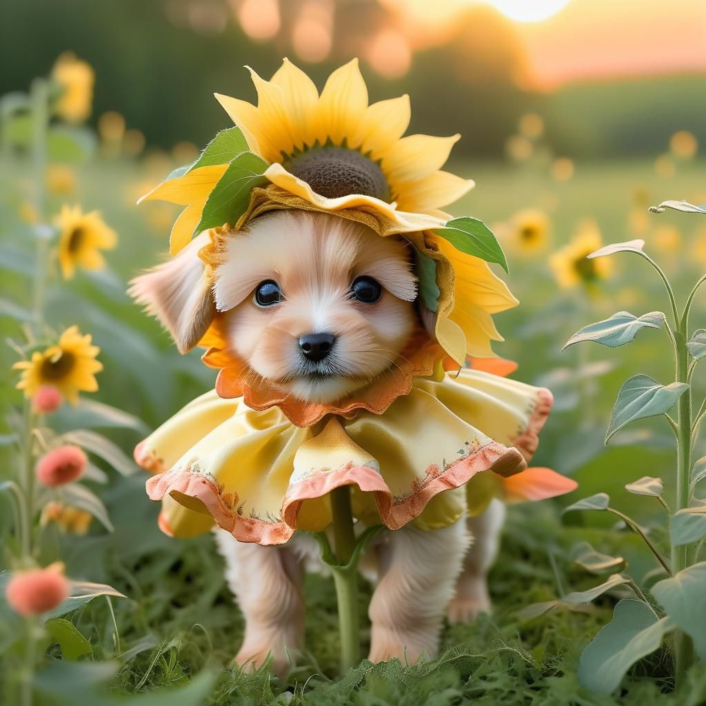 Puppy in Sunflower Costume, Watercolor Illustration