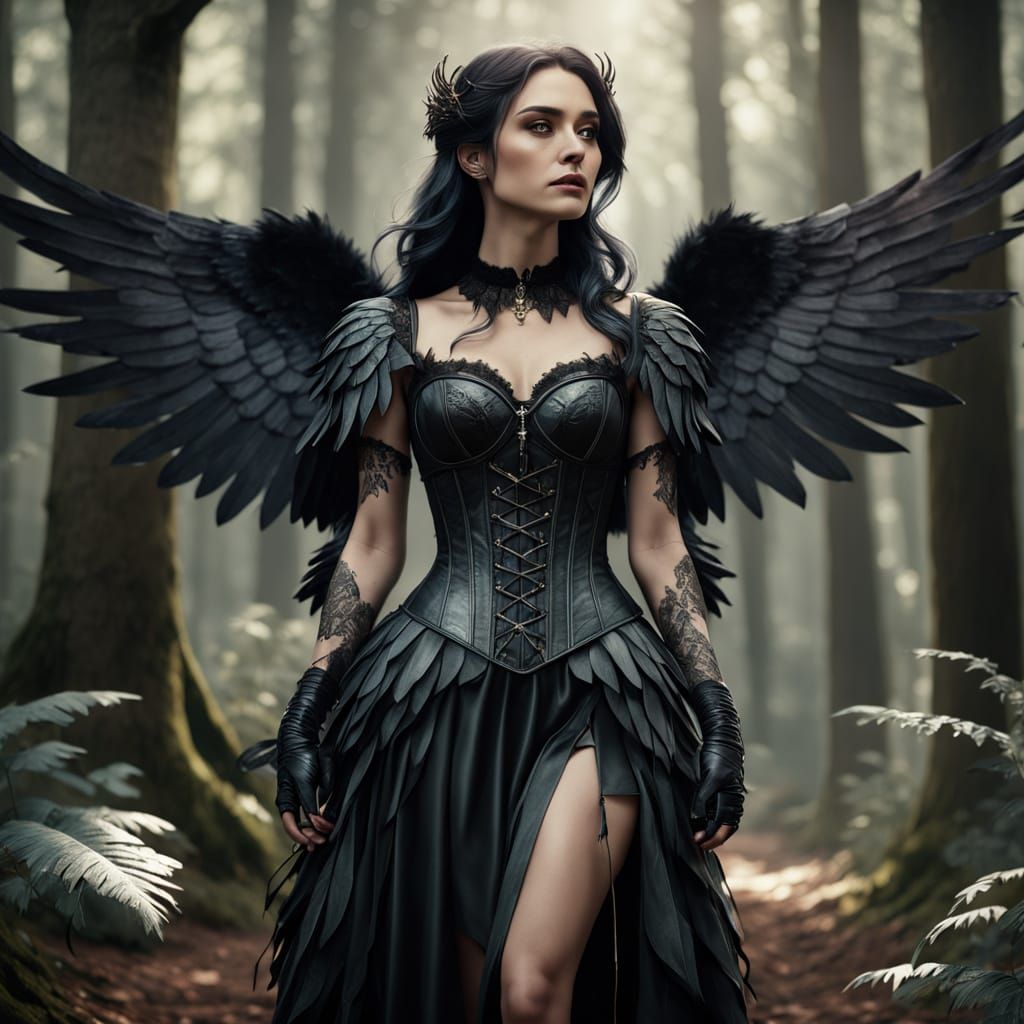 Dark Angel in Mystical Forest: Fantasy Art