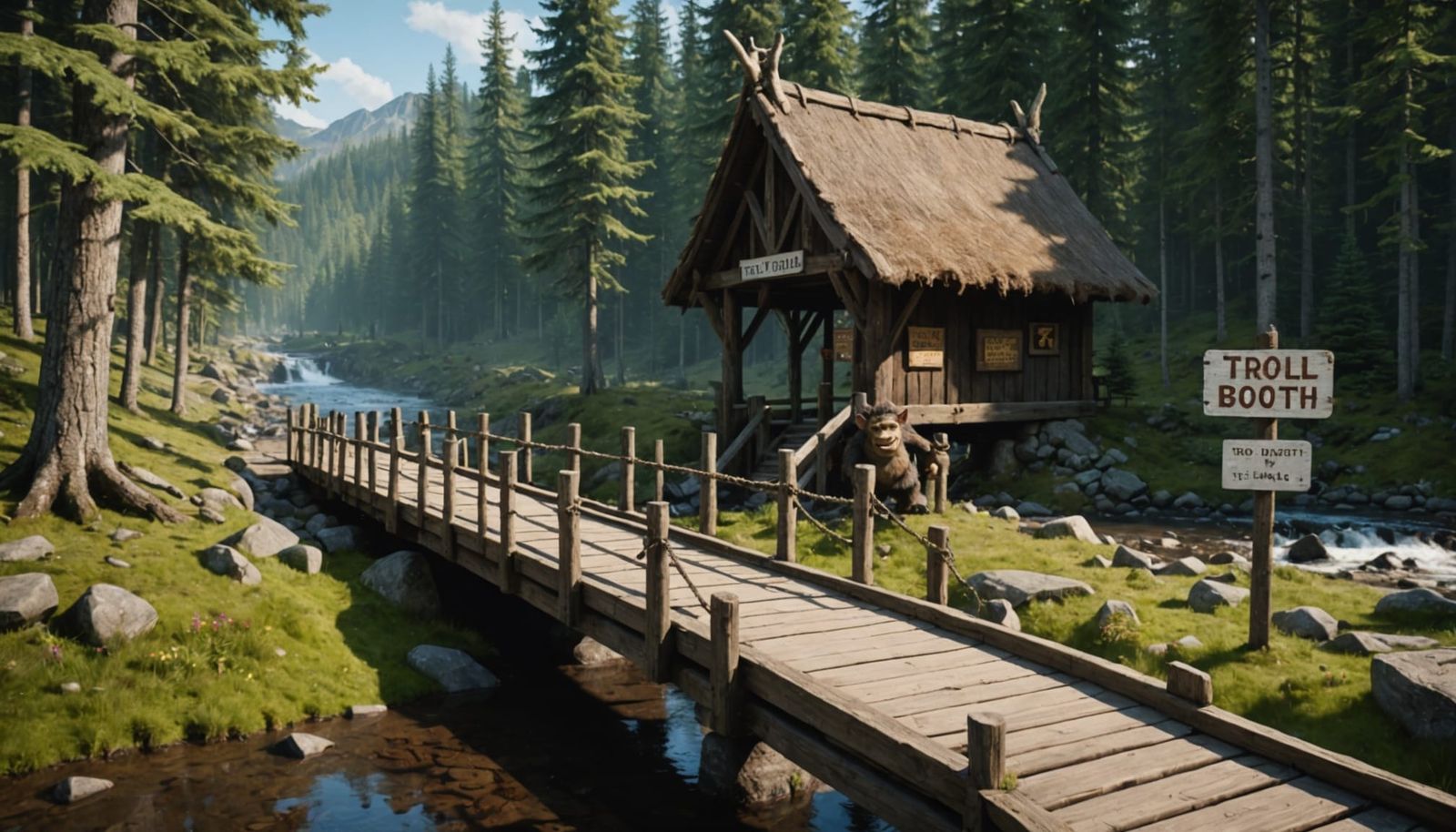 Hyperrealistic Troll Toll Booth Under Forest Bridge